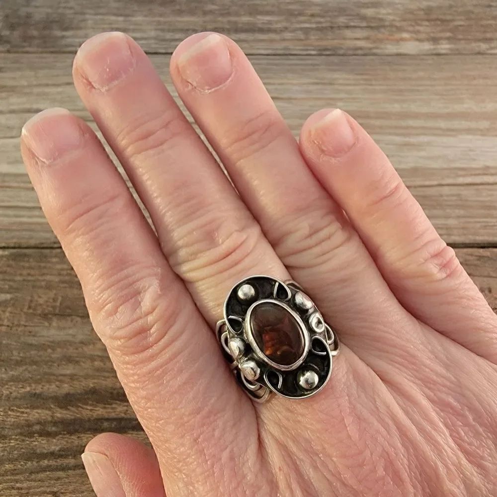 Vintage Sterling Genuine Amber Bali Boho Artisan Beaded Ring - Picture 8 of 11